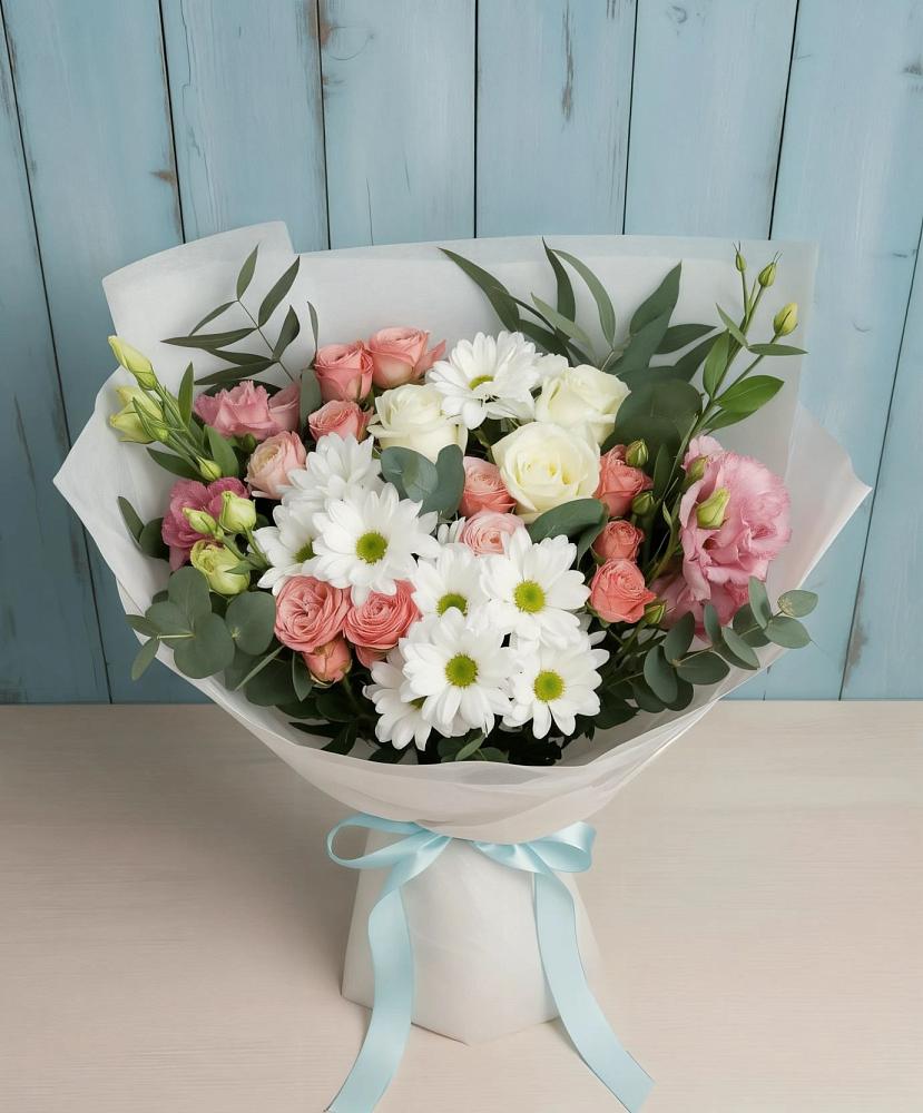 Букет цветов из: Розы, Лизиантусы и Хризантемы в Вырубово