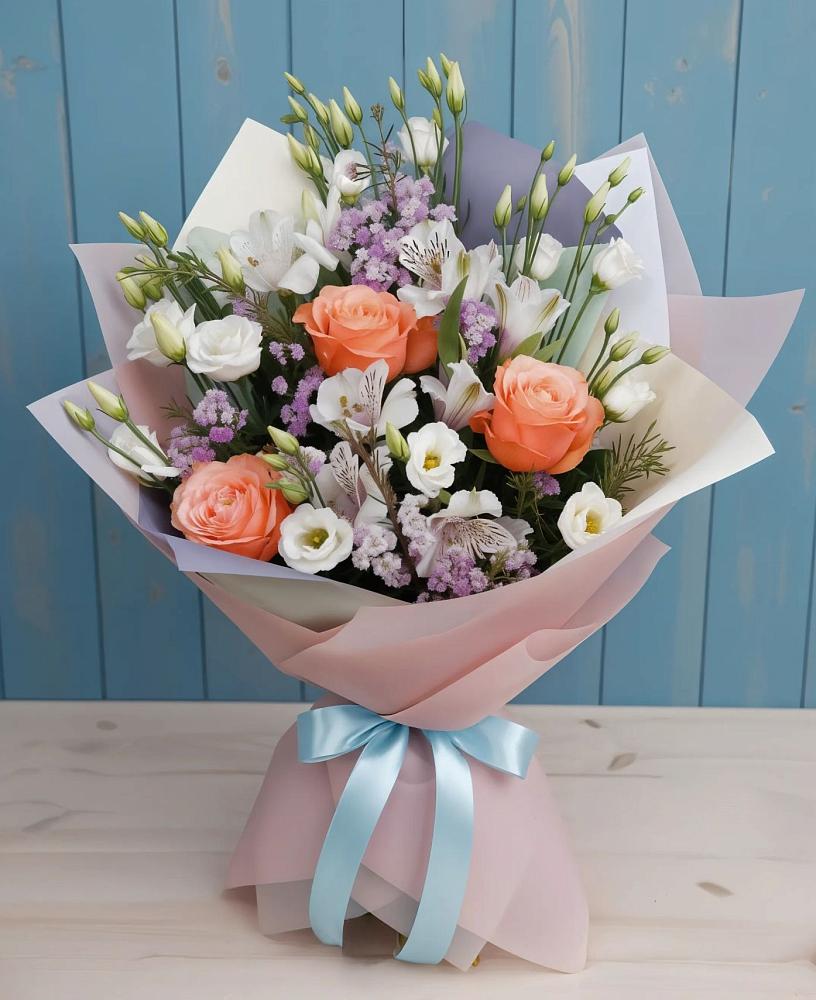 Букет цветов из: Лизиантусы, Розы, Альстромерии и Гипсофила в Вырубово